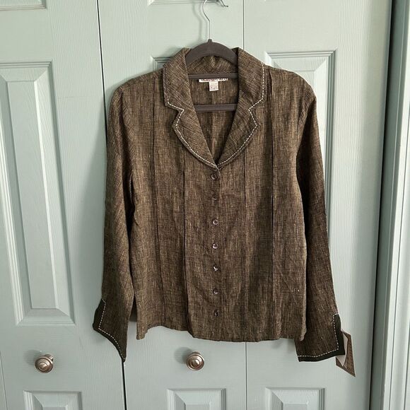 Karavan Tops - Karavan Womens Olive Green Woven Linen Blazer Blouse‎ Medium Button Front
